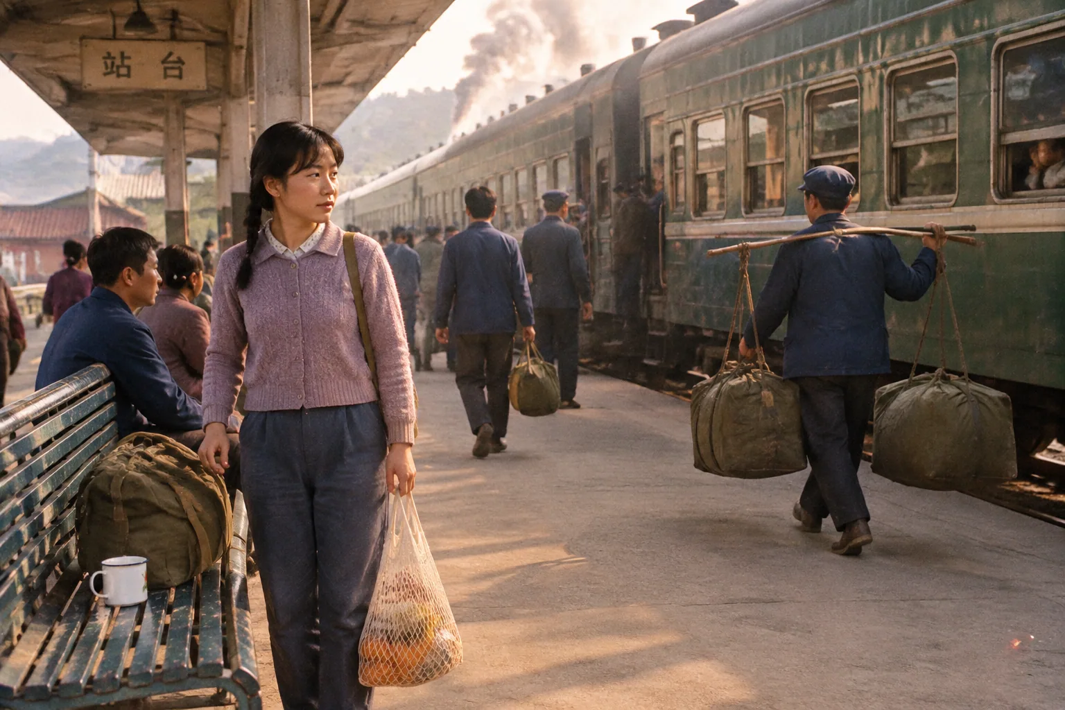 80年代中国火车站 — Image 3 AI 1986 年铁路月台:绿皮火车与挑夫