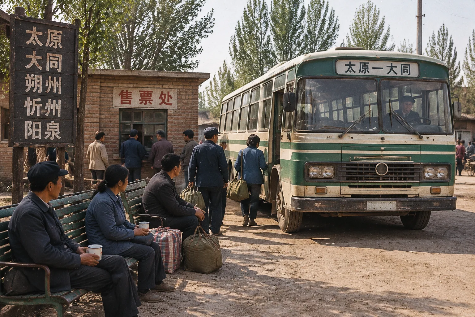 80年代中国长途车站 — Image 3 AI 1986 年北方长途站:绿白客车与售票处
