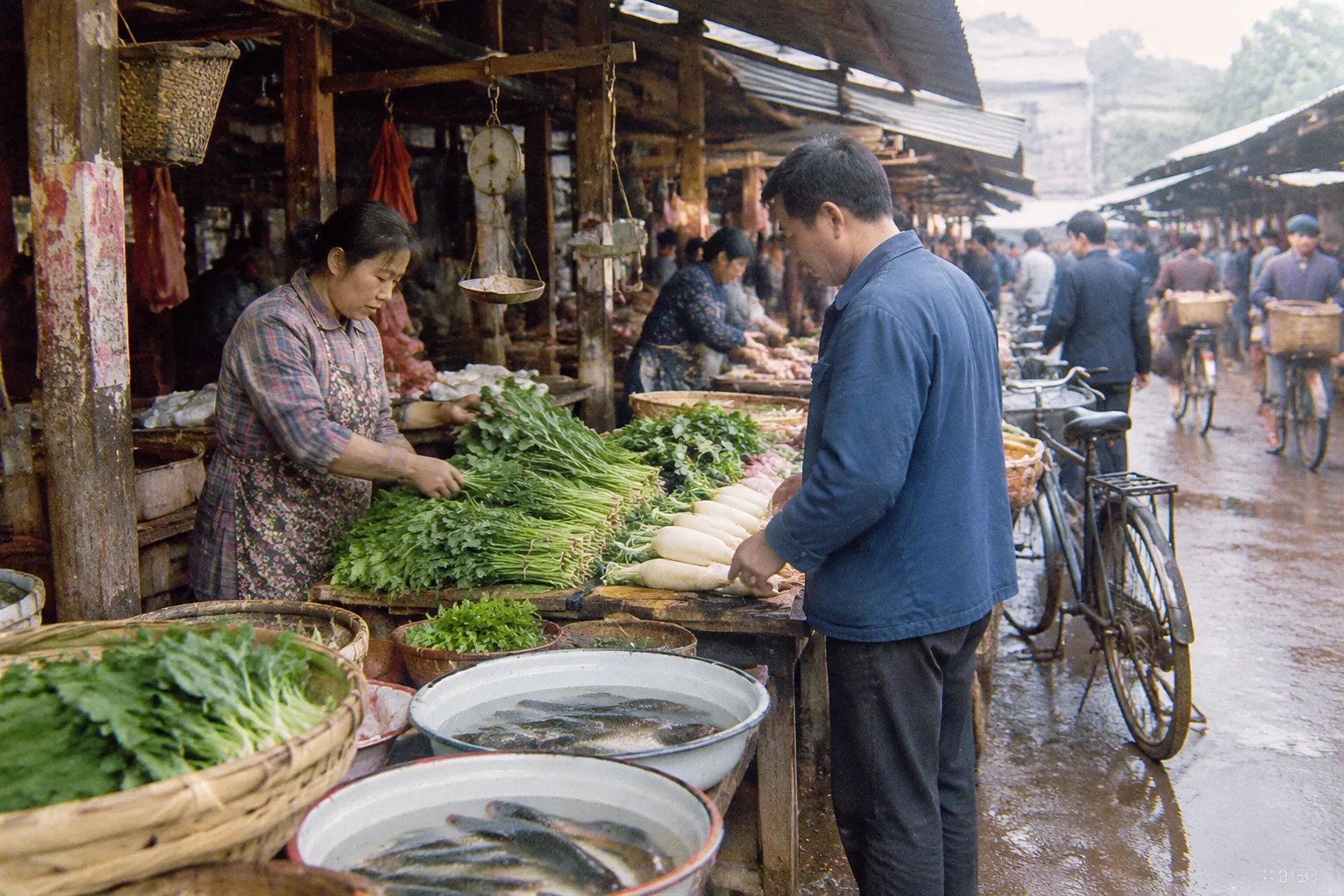 80年代中国早市 — Image 3 AI 1986 年菜市场:青菜、萝卜、活鱼
