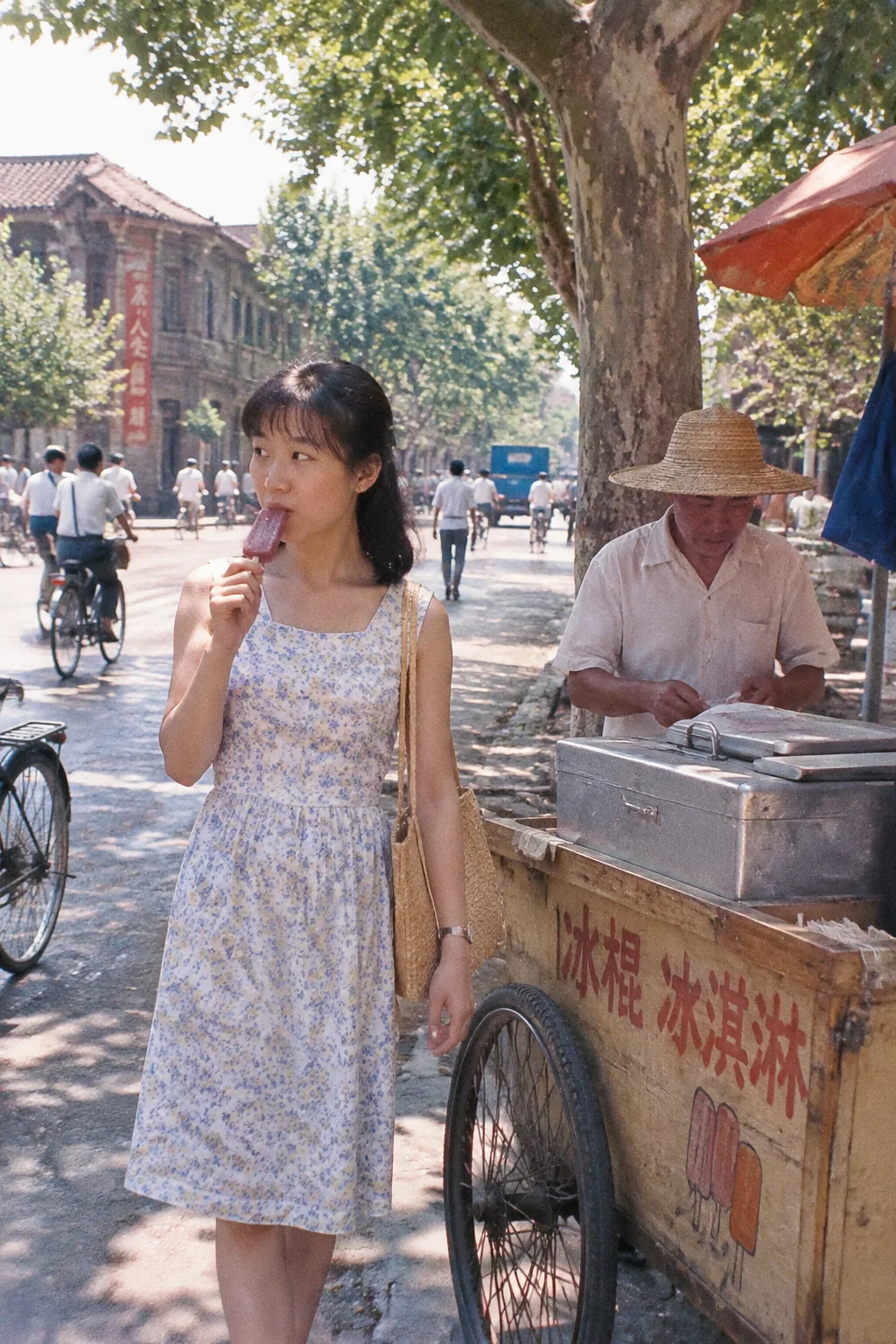 80年代中国夏天街景 — Image 3 AI 1986 年夏天马路:冰棍车与的确良连衣裙