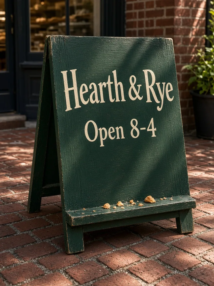 手绘面包店黑板，字为 Hearth & Rye / Open 8-4
