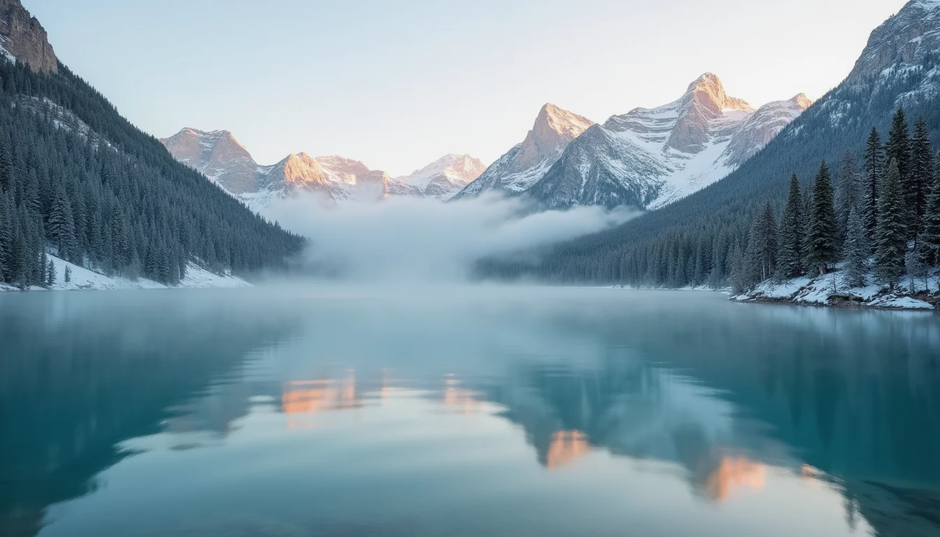 Misty alpine lake landscape prompt sample — Image 3 AI Alpine mountain lake at dawn with morning mist over turquoise water and pine-covered granite peaks, generated on Image 3 AI