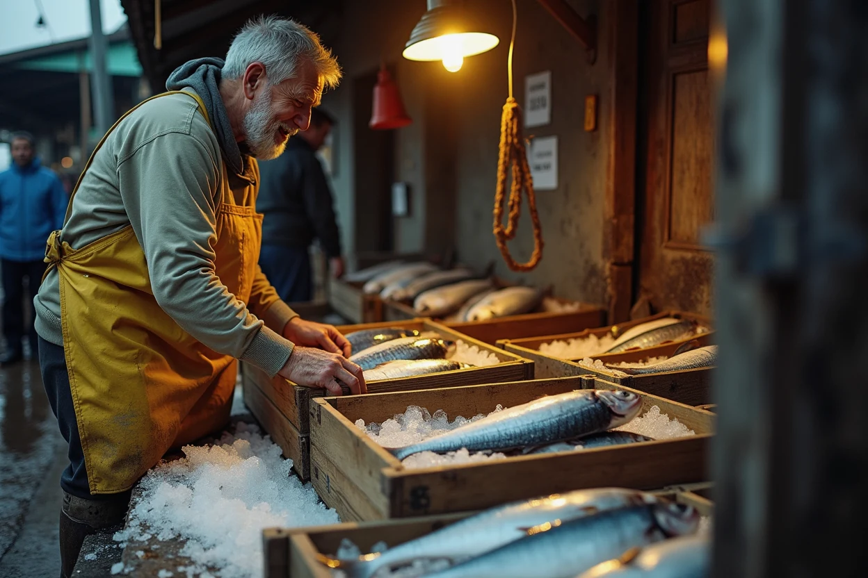 Coastal fishmonger documentary prompt sample — Image 3 AI Documentary photo of a fishmonger unpacking silver mackerel onto crushed ice at a dawn harbor market, generated on Image 3 AI