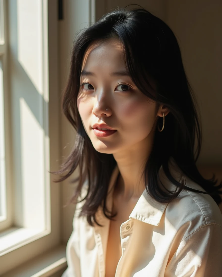 Photoreal editorial portrait prompt sample — Image 3 AI Photoreal editorial portrait of an East Asian woman by a sunlit window in a cream linen shirt, generated on Image 3 AI