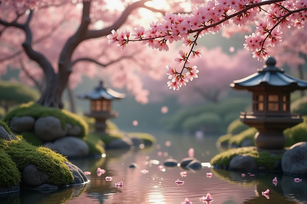 Sakura Japanese garden nature prompt sample — Image 3 AI Japanese zen garden in full cherry blossom bloom with petals over a koi pond and stone lantern, generated on Image 3 AI
