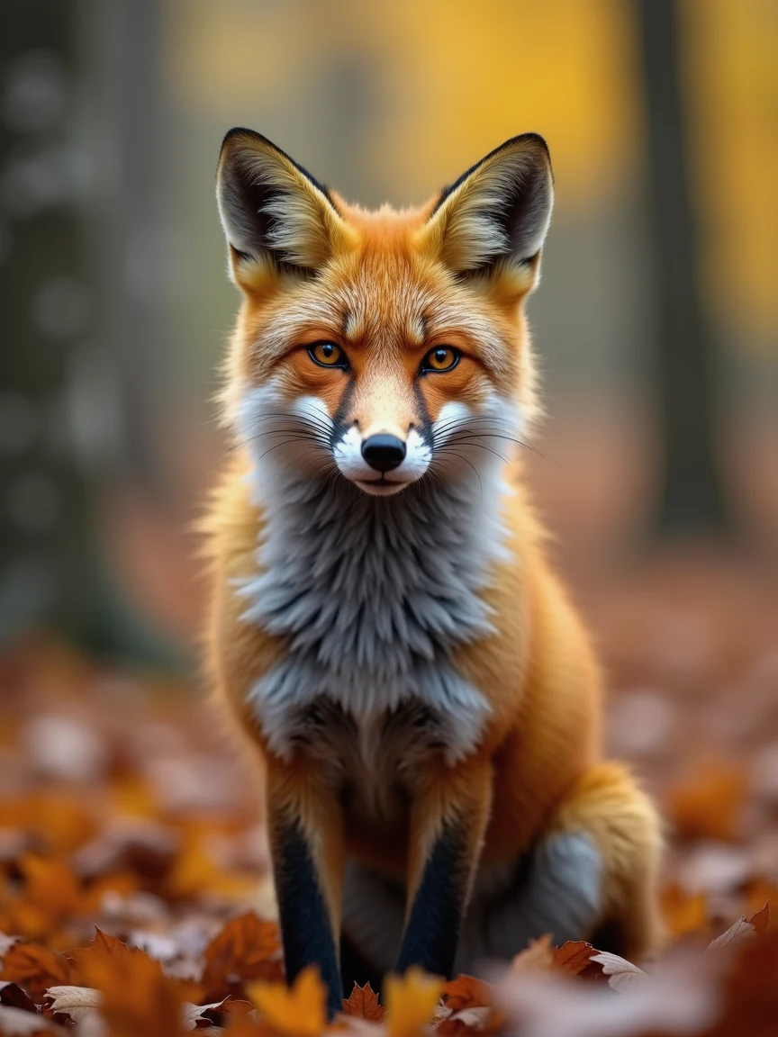 Red fox autumn forest wildlife prompt sample — Image 3 AI Close-up wildlife portrait of a red fox sitting among golden autumn leaves, generated on Image 3 AI